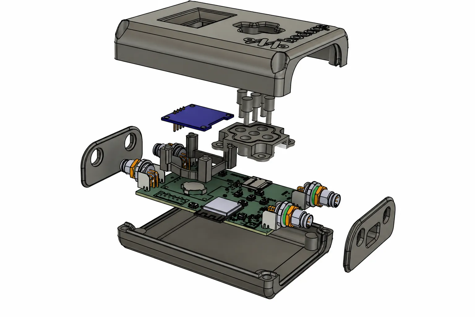 Exploded assembly view of the BODAQS logger enclosure, circuit board and controls